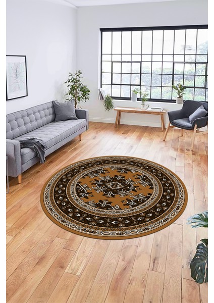 Dijital Kaymaz Yıkanabilir Şık Etnik Desen Yuvarlak Mutfak Salon Halısı, Y-Etnik-04-Kahve, fırsatları