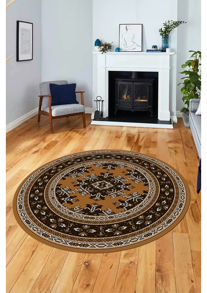 Dijital Kaymaz Yıkanabilir Şık Etnik Desen Yuvarlak Mutfak Salon Halısı, Y-Etnik-04-Kahve, indirimleri