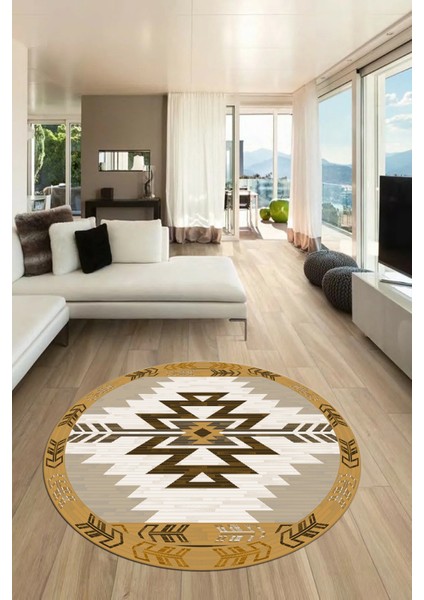 Etnik Desenli Dijital Kaymaz Yıkanabilir Yuvarlak Mutfak Salon Halısı, Y-Etnik-05-Kahve,