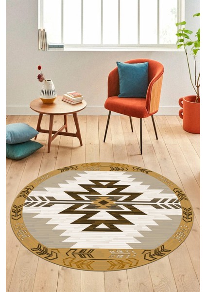 Etnik Desenli Dijital Kaymaz Yıkanabilir Yuvarlak Mutfak Salon Halısı, Y-Etnik-05-Kahve, fiyatları