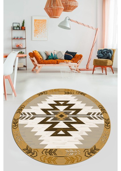 Etnik Desenli Dijital Kaymaz Yıkanabilir Yuvarlak Mutfak Salon Halısı, Y-Etnik-05-Kahve, modelleri