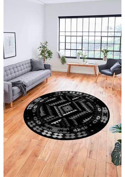 Modern Tasarım Etnik Desenli Dijital Kaymaz Yıkanabilir Yuvarlak Salon Halısı, Y-Etnik-09-Antrasit,