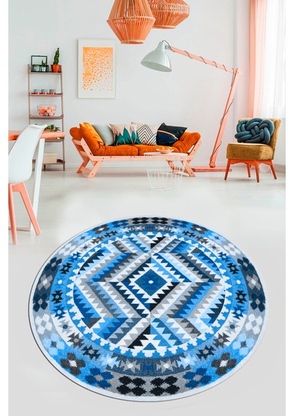 Modern Tasarım Etnik Desenli Dijital Kaymaz Yıkanabilir Yuvarlak Salon Halısı, Y-Etnik-09-Mavi,