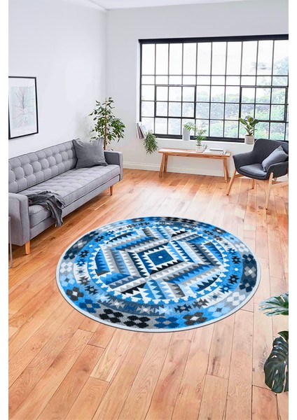 Modern Tasarım Etnik Desenli Dijital Kaymaz Yıkanabilir Yuvarlak Salon Halısı, Y-Etnik-09-Mavi, fiyatları