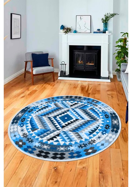 Modern Tasarım Etnik Desenli Dijital Kaymaz Yıkanabilir Yuvarlak Salon Halısı, Y-Etnik-09-Mavi, modelleri
