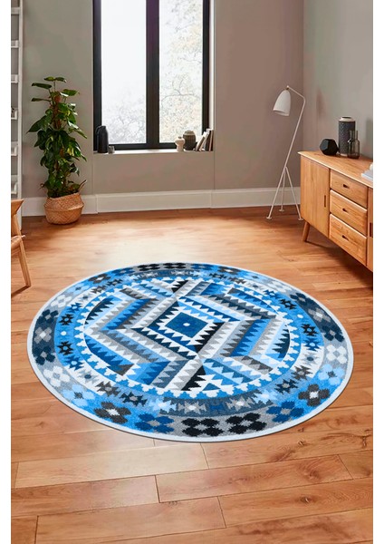 Modern Tasarım Etnik Desenli Dijital Kaymaz Yıkanabilir Yuvarlak Salon Halısı, Y-Etnik-09-Mavi, fırsatları