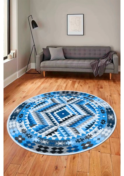 Modern Tasarım Etnik Desenli Dijital Kaymaz Yıkanabilir Yuvarlak Salon Halısı, Y-Etnik-09-Mavi, indirimleri