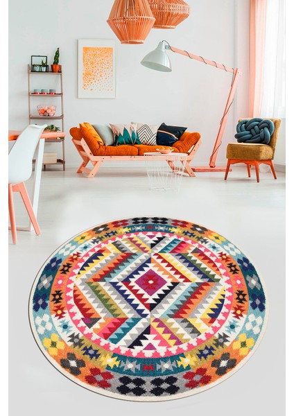 Modern Tasarım Etnik Desenli Dijital Kaymaz Yıkanabilir Yuvarlak Salon Halısı, Y-Etnik-09-Renkli,