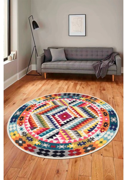 Modern Tasarım Etnik Desenli Dijital Kaymaz Yıkanabilir Yuvarlak Salon Halısı, Y-Etnik-09-Renkli, indirimleri