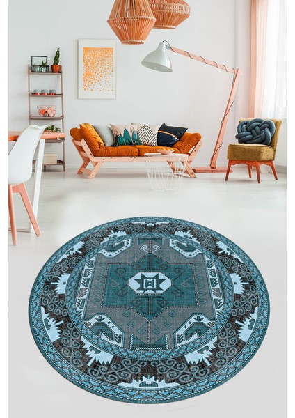 Şık Etnik Desenli Dijital Kaymaz Yıkanabilir Yuvarlak Mutfak Salon Halısı, Y-Etnik-10-Mavi,
