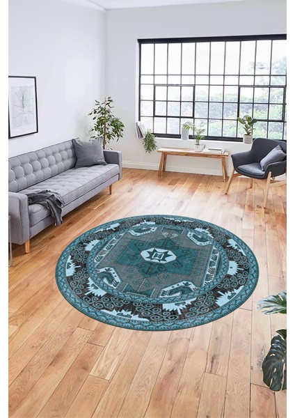 Şık Etnik Desenli Dijital Kaymaz Yıkanabilir Yuvarlak Mutfak Salon Halısı, Y-Etnik-10-Mavi, fiyatları