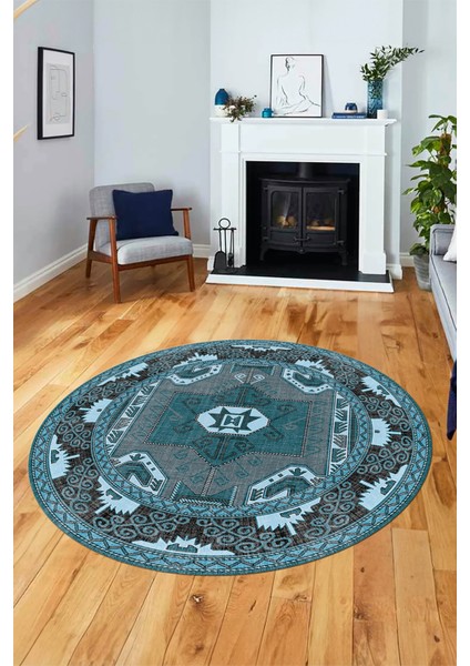 Şık Etnik Desenli Dijital Kaymaz Yıkanabilir Yuvarlak Mutfak Salon Halısı, Y-Etnik-10-Mavi, modelleri