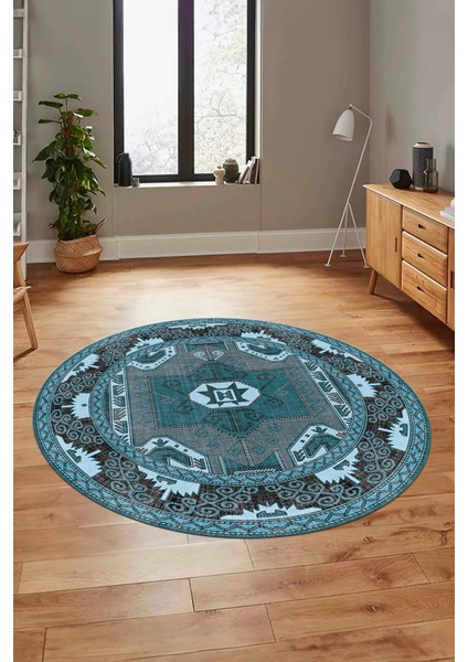 Şık Etnik Desenli Dijital Kaymaz Yıkanabilir Yuvarlak Mutfak Salon Halısı, Y-Etnik-10-Mavi, fırsatları