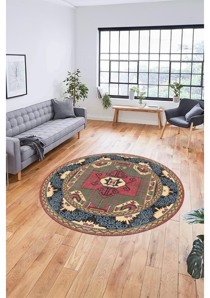 Şık Etnik Desenli Dijital Kaymaz Yıkanabilir Yuvarlak Mutfak Salon Halısı, Y-Etnik-10-Renkli,