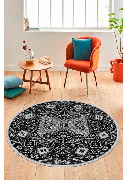 Şık Tasarım Etnik Desenli Dijital Kaymaz Yıkanabilir Yuvarlak Salon Halısı, Y-Etnik-08-Antrasit,