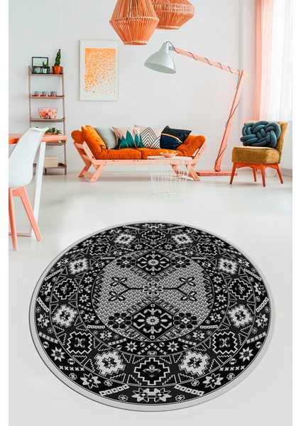 Şık Tasarım Etnik Desenli Dijital Kaymaz Yıkanabilir Yuvarlak Salon Halısı, Y-Etnik-08-Antrasit, fiyatları