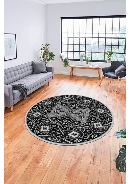 Şık Tasarım Etnik Desenli Dijital Kaymaz Yıkanabilir Yuvarlak Salon Halısı, Y-Etnik-08-Antrasit, modelleri