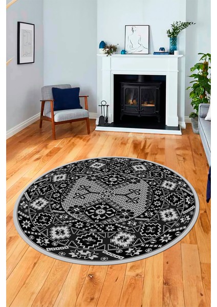 Şık Tasarım Etnik Desenli Dijital Kaymaz Yıkanabilir Yuvarlak Salon Halısı, Y-Etnik-08-Antrasit, fırsatları