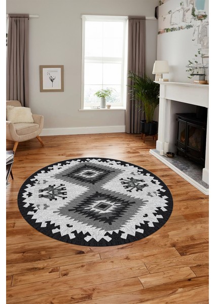 Dijital Kaymaz Yıkanabilir Etnik Desenli Yuvarlak Mutfak Salon Halısı, Y-Etnik-02-Gri,