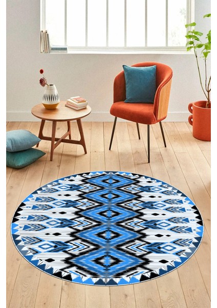 Renkli Etnik Desenli Dijital Kaymaz Yıkanabilir Yuvarlak Mutfak Salon Halısı, Y-Etnik-06-Mavi,