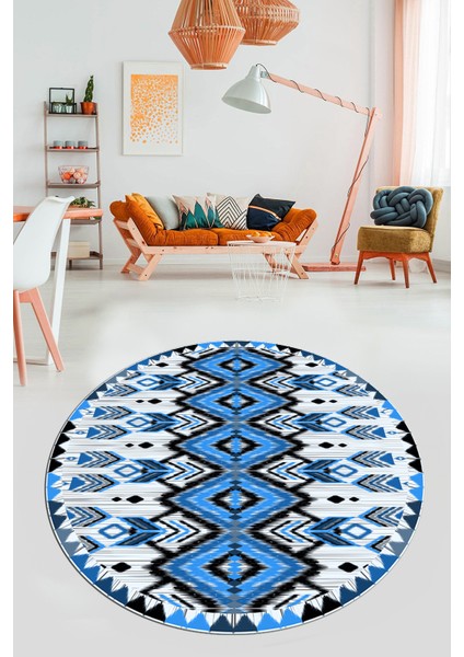 Renkli Etnik Desenli Dijital Kaymaz Yıkanabilir Yuvarlak Mutfak Salon Halısı, Y-Etnik-06-Mavi, fiyatları