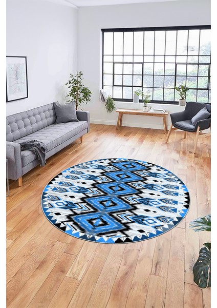 Renkli Etnik Desenli Dijital Kaymaz Yıkanabilir Yuvarlak Mutfak Salon Halısı, Y-Etnik-06-Mavi, modelleri