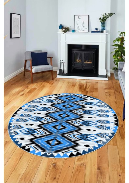 Renkli Etnik Desenli Dijital Kaymaz Yıkanabilir Yuvarlak Mutfak Salon Halısı, Y-Etnik-06-Mavi, fırsatları
