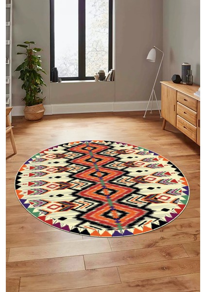 Renkli Etnik Desenli Dijital Kaymaz Yıkanabilir Yuvarlak Mutfak Salon Halısı, Y-Etnik-06-Renkli, indirimleri