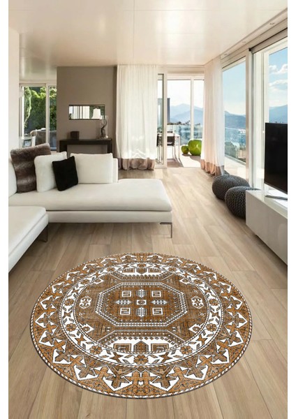 Dijital Kaymaz Yıkanabilir Şık Etnik Desenli Yuvarlak Mutfak Salon Halısı, Y-Etnik-14-Kahve,