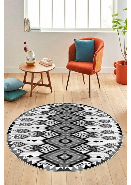 Renkli Etnik Desenli Dijital Kaymaz Yıkanabilir Yuvarlak Mutfak Salon Halısı, Y-Etnik-06-Gri,