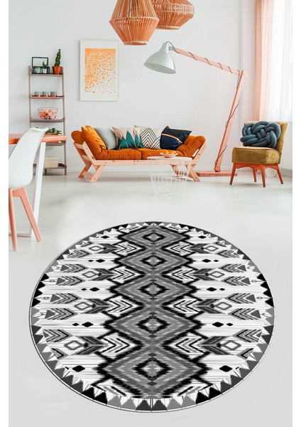 Renkli Etnik Desenli Dijital Kaymaz Yıkanabilir Yuvarlak Mutfak Salon Halısı, Y-Etnik-06-Gri, fiyatları