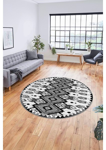 Renkli Etnik Desenli Dijital Kaymaz Yıkanabilir Yuvarlak Mutfak Salon Halısı, Y-Etnik-06-Gri, modelleri