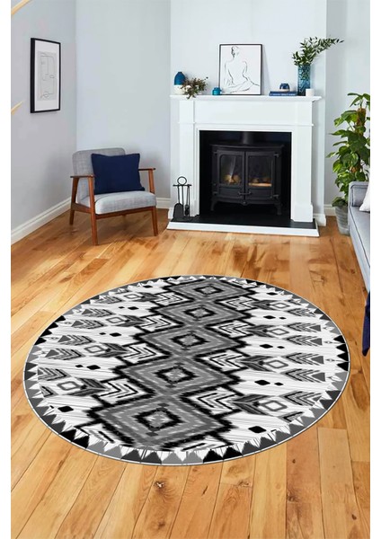 Renkli Etnik Desenli Dijital Kaymaz Yıkanabilir Yuvarlak Mutfak Salon Halısı, Y-Etnik-06-Gri, fırsatları