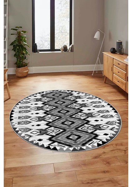 Renkli Etnik Desenli Dijital Kaymaz Yıkanabilir Yuvarlak Mutfak Salon Halısı, Y-Etnik-06-Gri, indirimleri