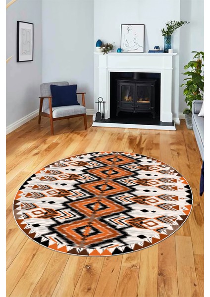 Renkli Etnik Desenli Dijital Kaymaz Yıkanabilir Yuvarlak Mutfak Salon Halısı, Y-Etnik-06-Turuncu, fırsatları