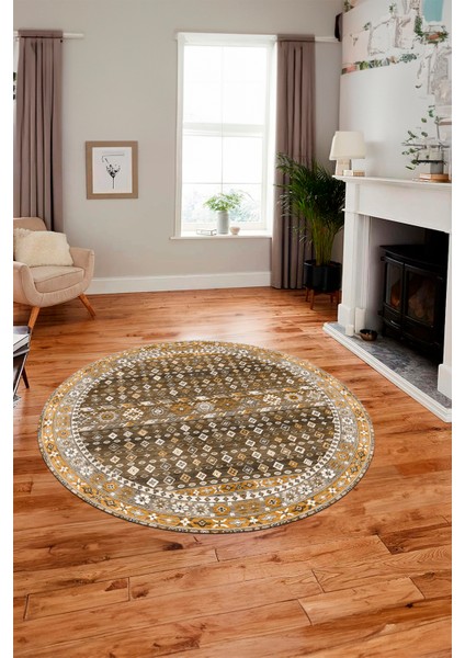 Yeni Tasarım Etnik Desenli Yıkanabilir Yuvarlak Mutfak Salon Koridor Halısı, Y-Etnik-17-Kahve, modelleri