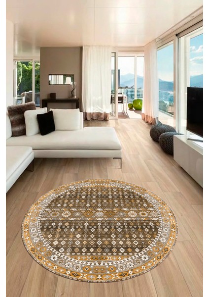 Yeni Tasarım Etnik Desenli Yıkanabilir Yuvarlak Mutfak Salon Koridor Halısı, Y-Etnik-17-Kahve, fırsatları