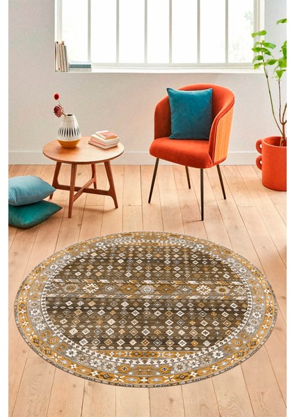 Yeni Tasarım Etnik Desenli Yıkanabilir Yuvarlak Mutfak Salon Koridor Halısı, Y-Etnik-17-Kahve, indirimleri