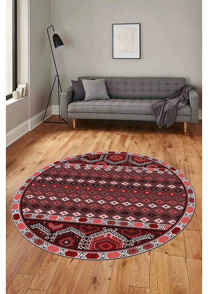 Dijital Kaymaz Yıkanabilir Şık Etnik Desenli Yuvarlak Mutfak Salon Halısı, Y-Etnik-13-Kırmızı, modelleri