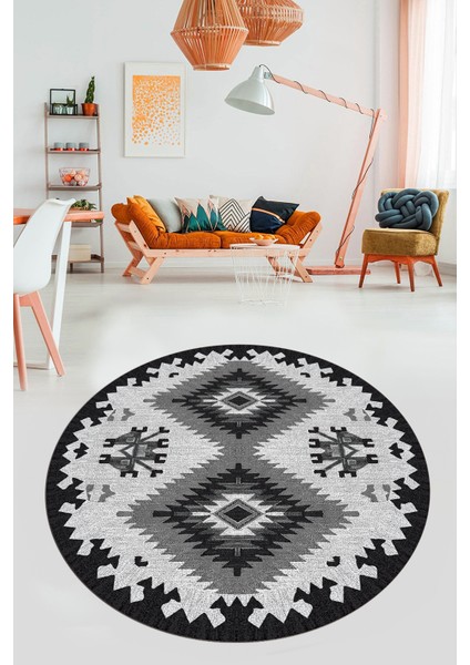 Dijital Kaymaz Yıkanabilir Etnik Desenli Yuvarlak Mutfak Salon Halısı, Y-Etnik-02-Gri, fırsatları