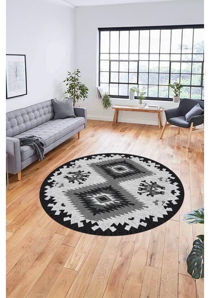 Dijital Kaymaz Yıkanabilir Etnik Desenli Yuvarlak Mutfak Salon Halısı, Y-Etnik-02-Gri, indirimleri