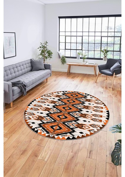 Renkli Etnik Desenli Dijital Kaymaz Yıkanabilir Yuvarlak Mutfak Salon Halısı, Y-Etnik-06-Turuncu, modelleri