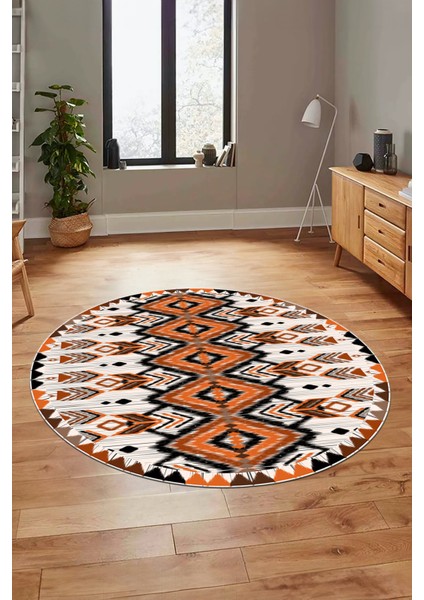 Renkli Etnik Desenli Dijital Kaymaz Yıkanabilir Yuvarlak Mutfak Salon Halısı, Y-Etnik-06-Turuncu, indirimleri