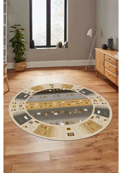 Dijital Kaymaz Yıkanabilir Motifli Etnik Desenli Yuvarlak Mutfak Salon Halısı, Y-Etnik-15-Kahve, fiyatları