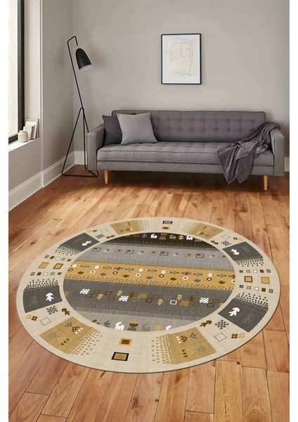 Dijital Kaymaz Yıkanabilir Motifli Etnik Desenli Yuvarlak Mutfak Salon Halısı, Y-Etnik-15-Kahve, modelleri