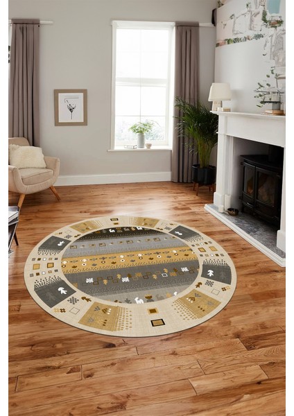 Dijital Kaymaz Yıkanabilir Motifli Etnik Desenli Yuvarlak Mutfak Salon Halısı, Y-Etnik-15-Kahve, fırsatları