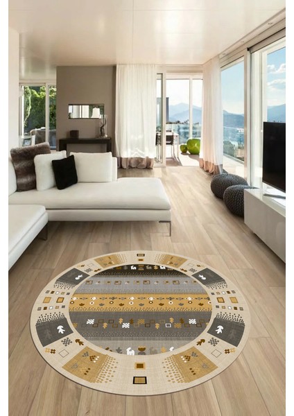 Dijital Kaymaz Yıkanabilir Motifli Etnik Desenli Yuvarlak Mutfak Salon Halısı, Y-Etnik-15-Kahve, indirimleri
