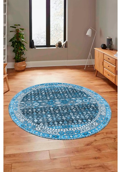 Yeni Tasarım Etnik Desenli Yıkanabilir Yuvarlak Mutfak Salon Koridor Halısı, Y-Etnik-17-Mavi,
