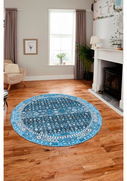 Yeni Tasarım Etnik Desenli Yıkanabilir Yuvarlak Mutfak Salon Koridor Halısı, Y-Etnik-17-Mavi, modelleri