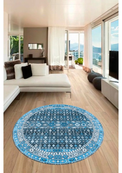 Yeni Tasarım Etnik Desenli Yıkanabilir Yuvarlak Mutfak Salon Koridor Halısı, Y-Etnik-17-Mavi, fırsatları